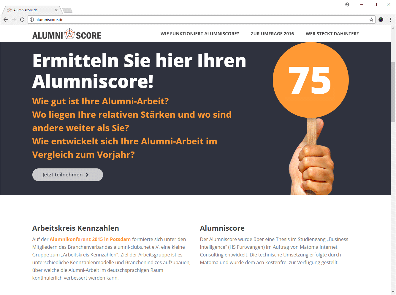 Screen zur Berechnung des Alumniscores